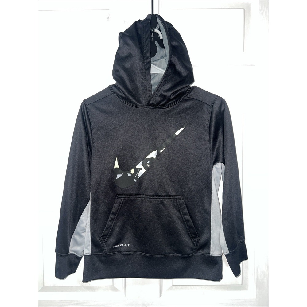 Nike Therma Fit Youth Pullover Hoodie Size Medium Swoosh Logo Black